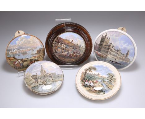 A GROUP OF FIVE 19TH CENTURY POT LIDS, including "Sebastopol", "Windsor Park or Returning From Stag Hunting", "The New Houses