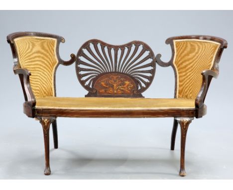 AN INLAID ROSEWOOD SETTEE, CIRCA 1890, with pierced fan-shaped back panel, raised on cabriole legs terminating in pad feet. 1