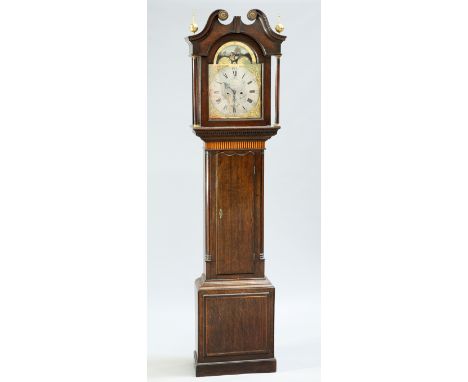 A GEORGE III INLAID OAK 8-DAY LONGCASE CLOCK, the 13-inch brass and steel break arch dial, signed 'Pattison Halifax', painted