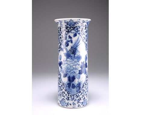 A 19TH CENTURY CHINESE BLUE AND WHITE PORCELAIN SLEEVE VASE, decorated with two reserves of a bird amidst foliage on a ground