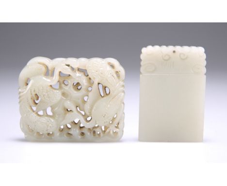 A CHINESE JADE PENDANT AND PIERCED PLAQUE, each rectangular, the pierced plaque carved with exotic birds. (2) Plaque 5.5cm by