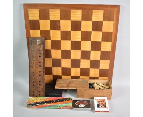 A Modern Wooden 45cms Chessboard together with Boxwood Chess Set, Wills's Gold Flake Cribbage Board, Playing Cards and Domino