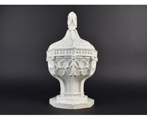 A Mintons Miniature Baptismal Font and Cover in White Parianware with White Glaze C.1850. Modelled After the 14th Century Fon