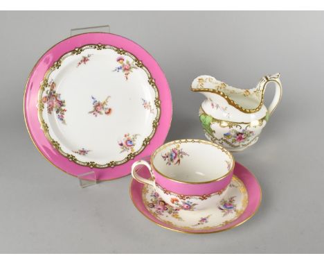 A 19th Century Porcelain Tea Trio with Floral Burst Decoration and Pink Inset Trim Together with a Coalport Batwing Jug in th