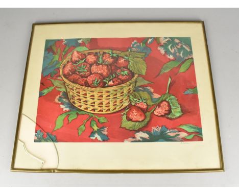 A Framed and Glazed Russian Colour Linocut, Basket of Strawberries, Signed,  with Moscow City Organisation of the Art Fund of