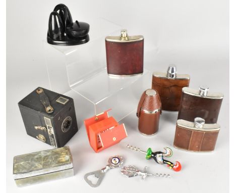 A Collection of Various Leather Mounted Hip Flasks together with a Vintage Box Camera, Razor Case, Melmex Cruet etc