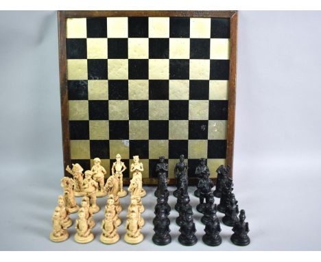 A Modern Chessboard together with Don Quixote Chess Pieces, 40cms Square