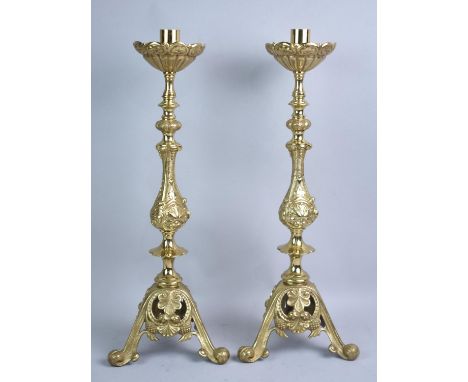 A Pair of Modern Brass Tall Candlesticks on Tripod Supports with Scrolled Feet, 41cms High