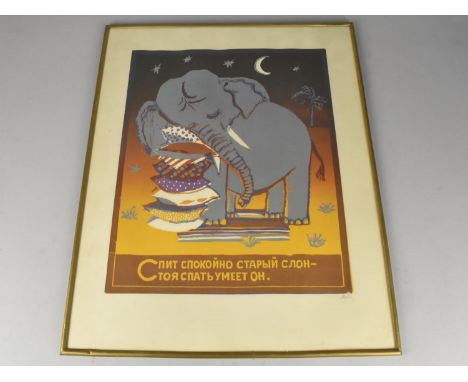 A Framed and Glazed Russian Colour Linocut, Elephant Sleeping, Signed in Pencil, With Moscow City Organisation of the Art Fun