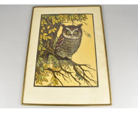 A Framed and Glazed Russian Colour Linocut, Twilight - Owl, Signed,  with Moscow City Organisation of the Art Fund of the RSF