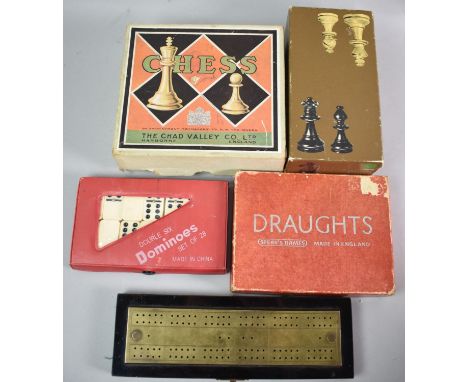 A Chad Valley Chess Set and a Modern Example, Draughts Set, Dominoes Set and Brass Mounted Cribbage Board