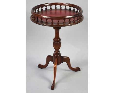 A Reproduction Circular Galleried Wine Table on Tripod Base with Tooled Leather Top, 40cms Diameter