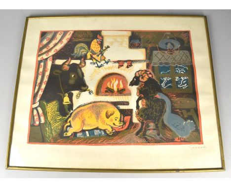 A Framed and Glazed Russian Colour Linocut, Farm Animals Beside Fire, Signed in Pencil, with Moscow City Organisation of the 