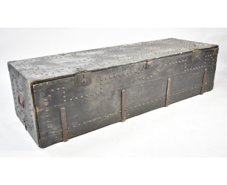 An Unusual Brass Studded Chest with Pull Down Front to Four Inner Fitted Drawers with Sectioned Interior, Perhaps for Sportin