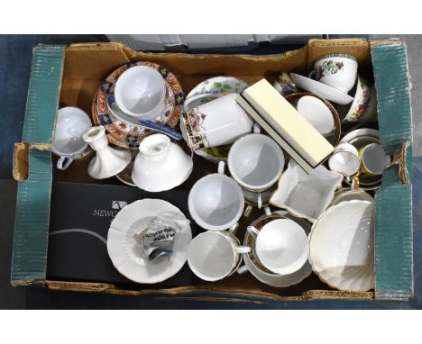 A Box Containing Decorated Cups and Saucers, Boxed Glass Tealight Stands, Candlestick Etc