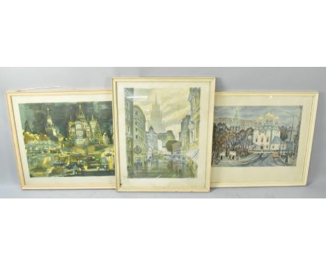 Three Framed and Glazed Russian Colour Auto Lithographs, St. Basil's Cathedral, Demko, Frunzenskaya Embankment, T. A. Dekhter