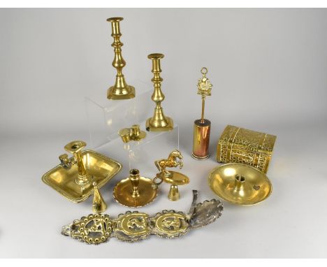 A Collection of Various Brassware to Comprise Bedchamber Sticks, Candlesticks, Tea Caddy etc