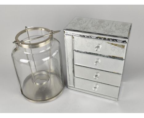 A Modern Hurricane Lamp/Lantern in the Form of a Glass Churn with Loop Handle together with a Mirrored Jewellery Cabinet havi