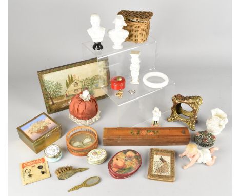 A Collection of Various Vintage Items to Comprise Miniature Basket Hamper, Busts, Pin Cushion in the Form of a Lady with Porc