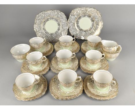 A Colclough Green Inset and Gilt Floral Decorated Tea Set to Comprise Nine Cups, Eleven Saucers, Ten Side Plates, Two Cake Pl