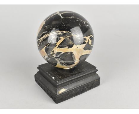 A Polished Stone Globe on Ebonized Square Plinth, 15cms High Overall