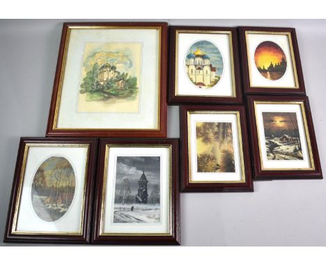A Collection of Six Easel Back Framed Russian Oils, Watercolours and Print together with a Framed Watercolour of St Sophia Ca