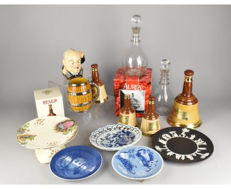 A Collection of Ceramics and Glass to Comprise Wedgwood Jasperware Plate, Royal Copenhagen Plates, Glass Decanters, Bell's Sc