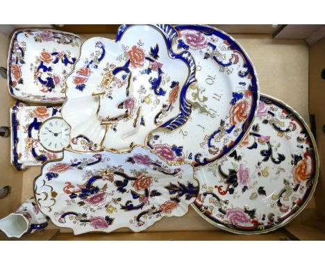 Masons Blue Mandalay Patterned items to include: mantle clock, wall clock, rack plate, serving platter, small jug etc 
