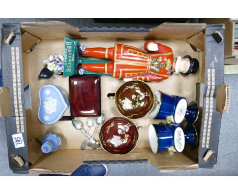 A mixed collection of items to include: Damaged Carltonware Beefeater Gin advertising figure, similar Rouge Royale items, Wed