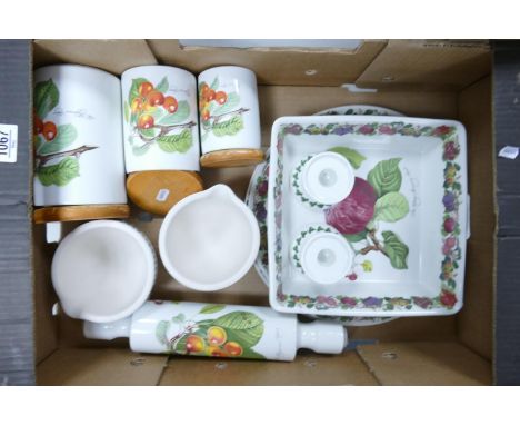 Portmeirion Pomona patterned items to include: storage pots, candlesticks, rolling pin, serving plates etc 