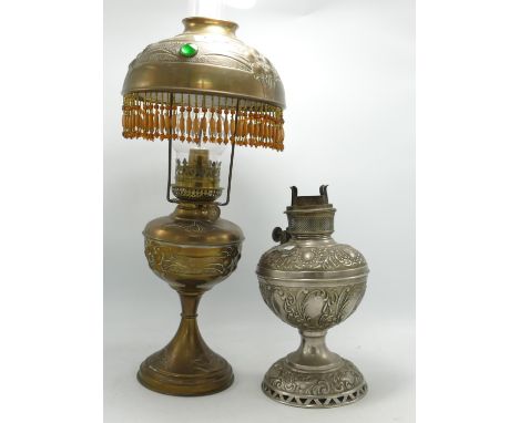 Brass Oil Lamp &amp; Shade: together with similar base(2) 