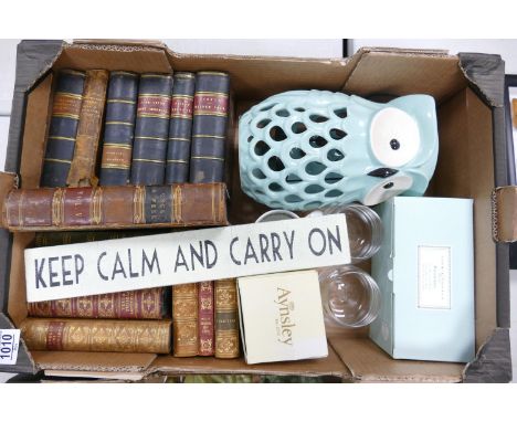 A mixed collection of items to include: leather bound hard back books, Owl Theme Tea Light Holder, Boxed Sophie Conran Glass 