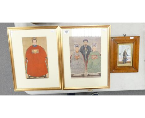 Pair of Chinese prints, and smaller oriental print in maple frame. Pair measuring 46cm x 36cm (3) 