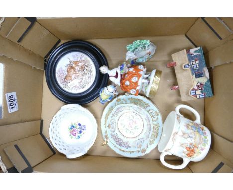 A mixed collection of items to include: Goebel Ann Hathaway Cottage, Continental Figure, Pratt type framed jar lid etc 