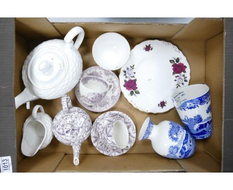 A mixed collection of items to include: Aynsley Basket Weave Teapot &amp; Milk Jug, Burleigh Prunus patterned teapot, cups an