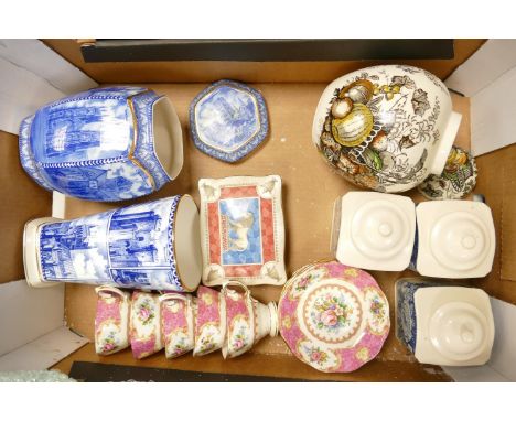 A mixed collection of items to include: Royal Albert Lady Carlyle cups &amp; saucers, Ringtons blue &amp; white, Wedgwood car