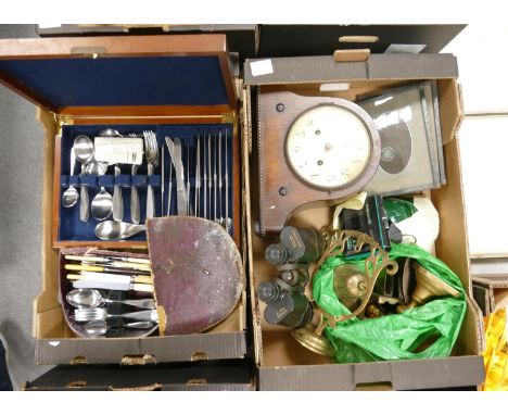 A mixed collection of items to include: Oak cased Mantle Clock, Excelsior 10 x 50 Binoculars, Brass Ware, Cutlery sets etc (2