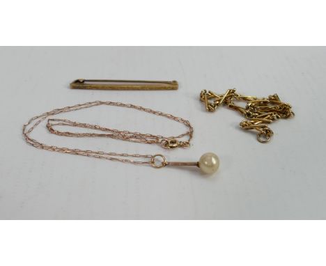 Assorted 9ct gold jewellery: Includes 9ct gold brooch marked 9ct, bracelet tested as 9ct gold, and fine chain with pendant, p