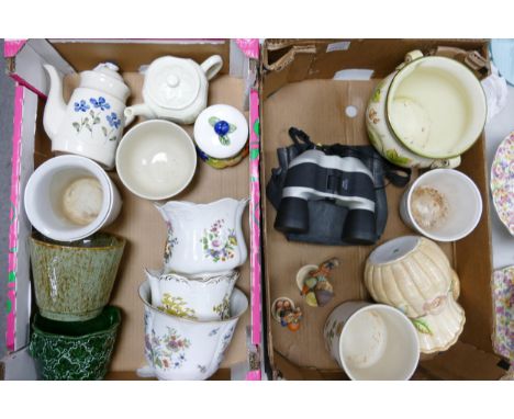 A mixed collection of items to include: floral decorated planters, similar vases, cased binoculars &amp; Goebel figures etc (