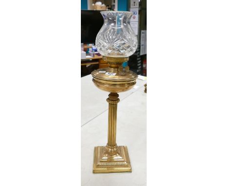Brass Column Oil Lamp: Duplex burner noted, height 65cm 