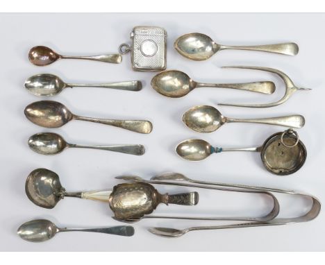 Good collection of silver items; Including Georgian &amp; Victorian caddy spoon, sugar tiongs &amp; nips, vesta case, spoons 
