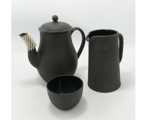 Wedgwood Black Basalt Teapot, Water Jugs &amp; Tea Bowl: height of tea pot 18cm(3) 