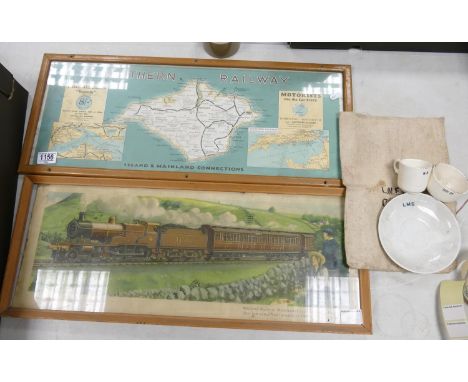 A mixed collection of Railway items to include: Hamilton Ellis &amp; Southern Railway prints, LMS money bag &amp; pottery 