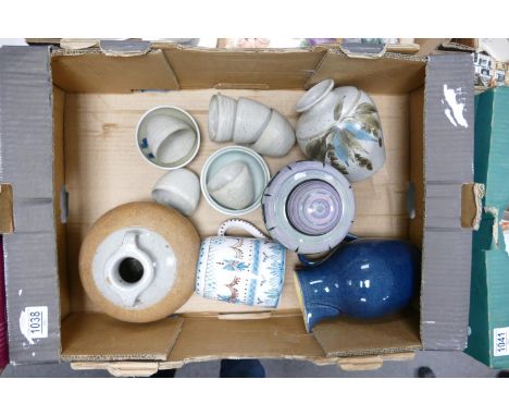 A mixed collection of Studio Pottery to include: John Leach Muchelney Beakers. Denby, Bullers, Tiverton vases &amp; jugs 