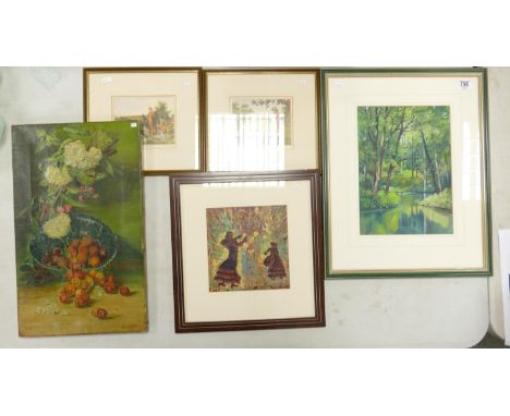 Group of 5 pictures including watercolour by John Wilson Sheffield 1970: Measuring 53cm x 42cm overall, together with still l