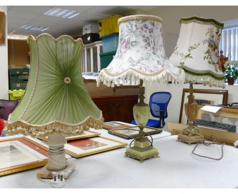 Three Mid Century Onyx &amp; Brass Large Table Lamp: with shades, one item damaged(3) 