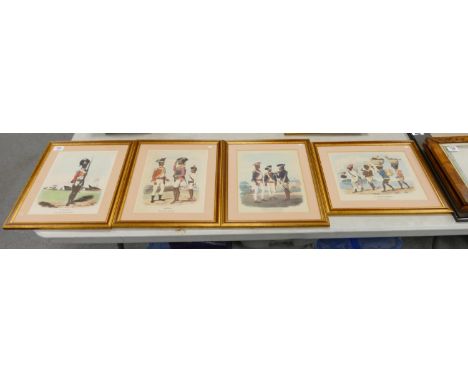 4 coloured prints depicting Indian soldiers working for British c 1800: Three measuring 43cm x 36.5cm overall. 