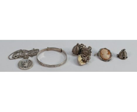 A collection of silver jewellery: including charm bracelet, cameo brooch, pendant &amp; chain etc, 44.5g. 