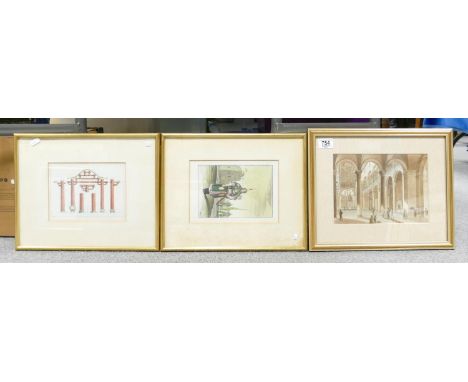 Sepia watercolour and two antique prints from books: Largest measures 31cm x 38cm 