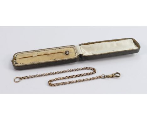 Gold coloured metal stick pin &amp; belcher chain: Stick or stock pin tests as 9ct gold metal and white stone appears an old 